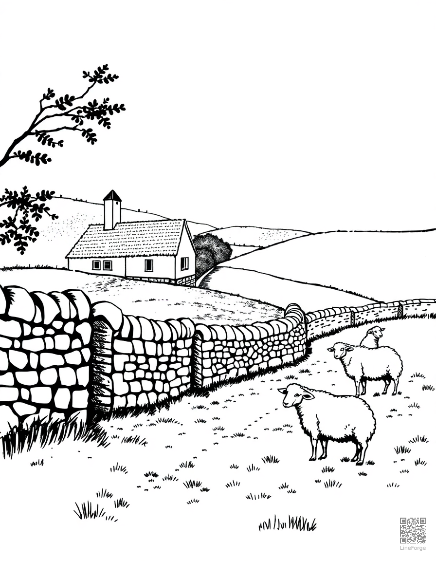 english countryside with stone walls and sheep coloring page Stipple style free printable