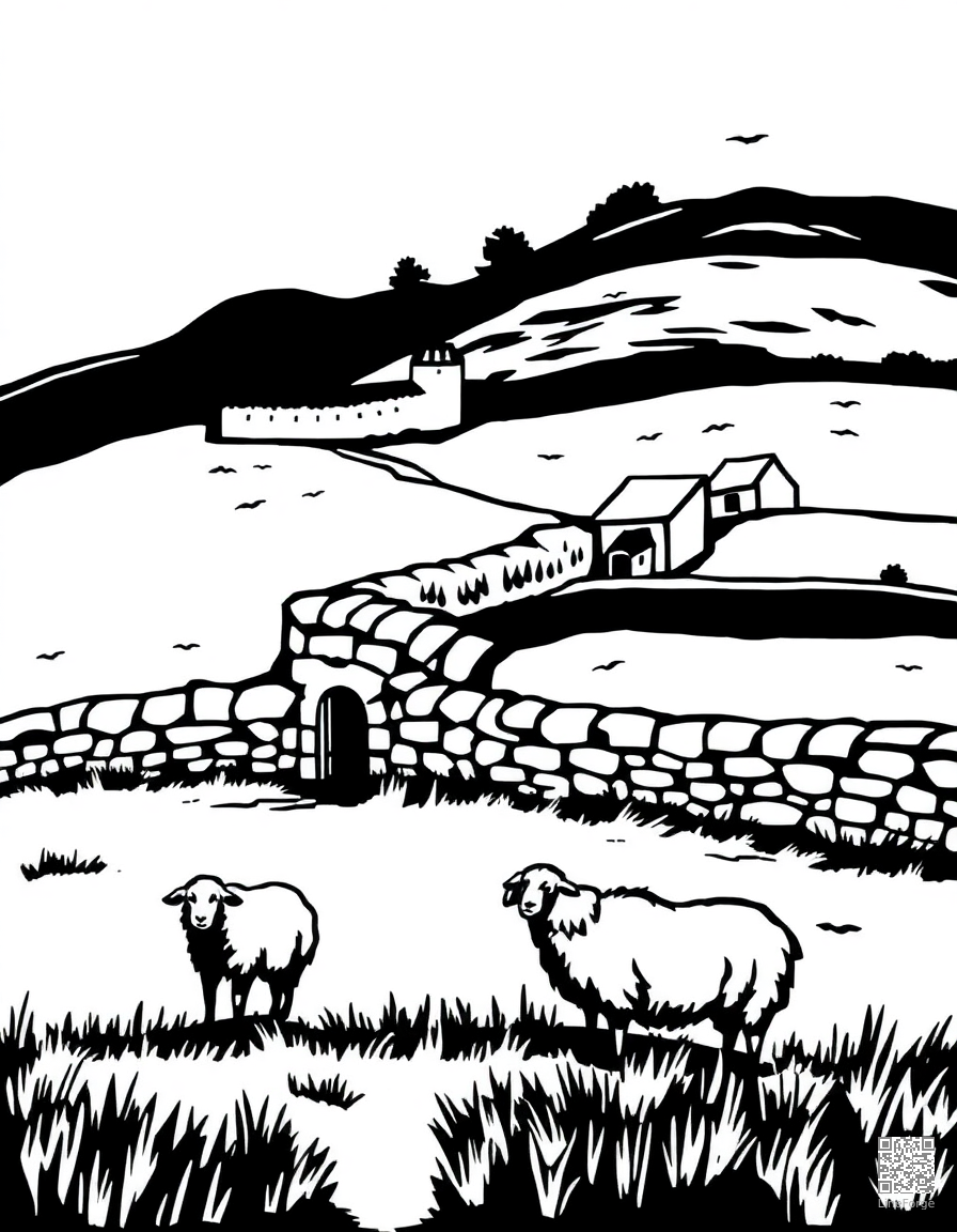 Free english countryside with stone walls and sheep coloring page in woodcut style — printable line art