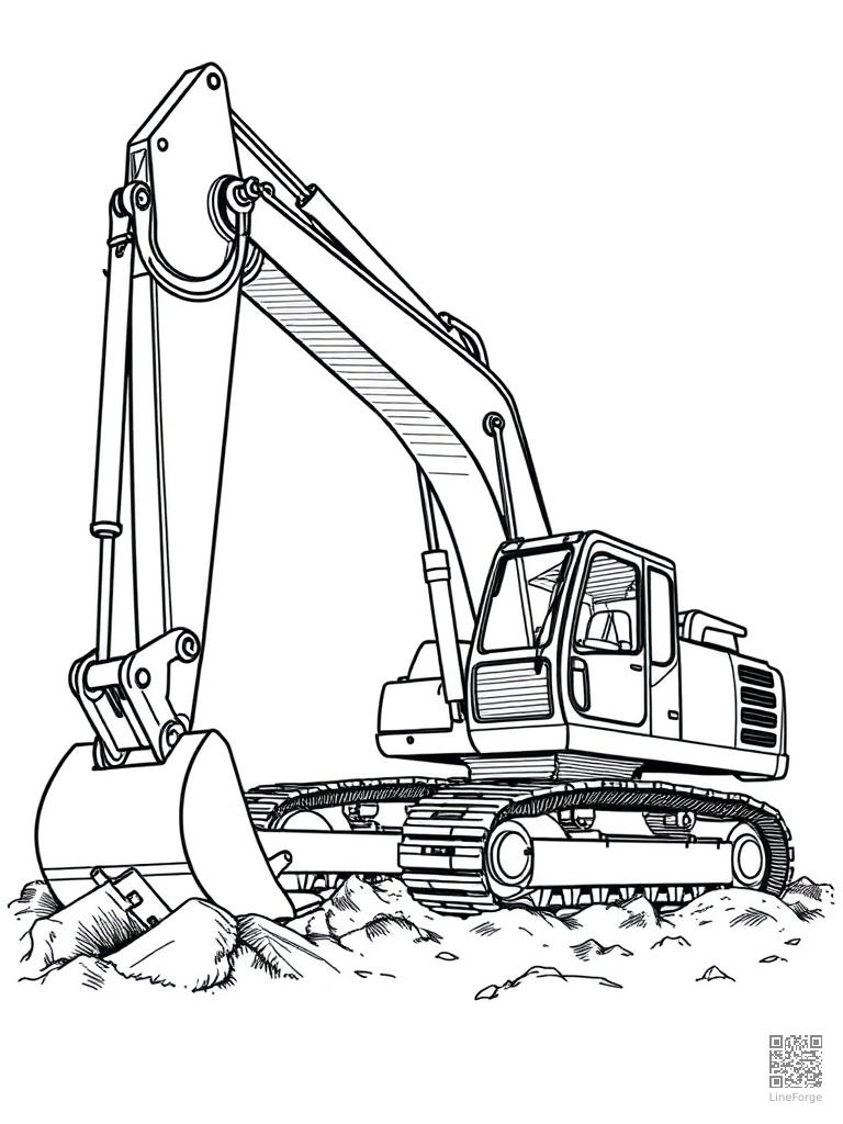 Excavator digging with its giant bucket arm coloring page Crosshatch style - free printable