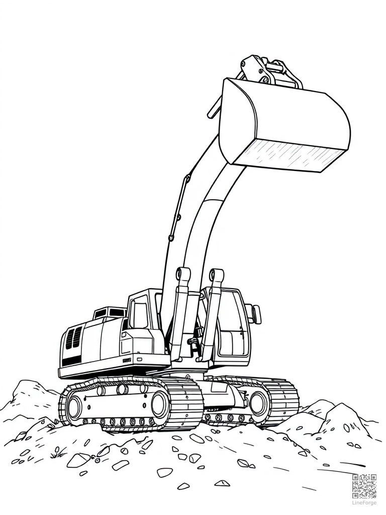 Excavator digging with its giant bucket arm coloring page Manga style - free printable