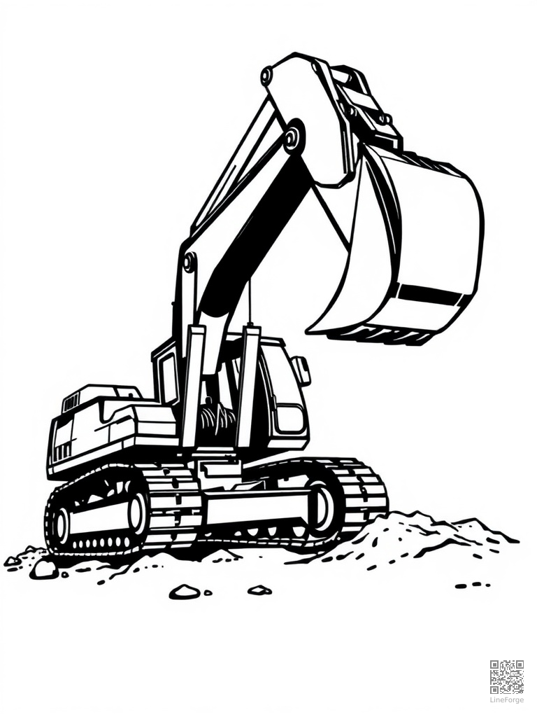 Excavator digging with its giant bucket arm coloring page Woodcut style - free printable