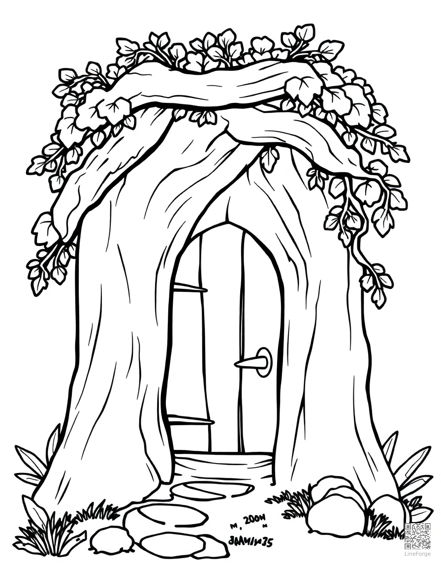 fairy door at the base of a tree coloring page Contour style - free printable