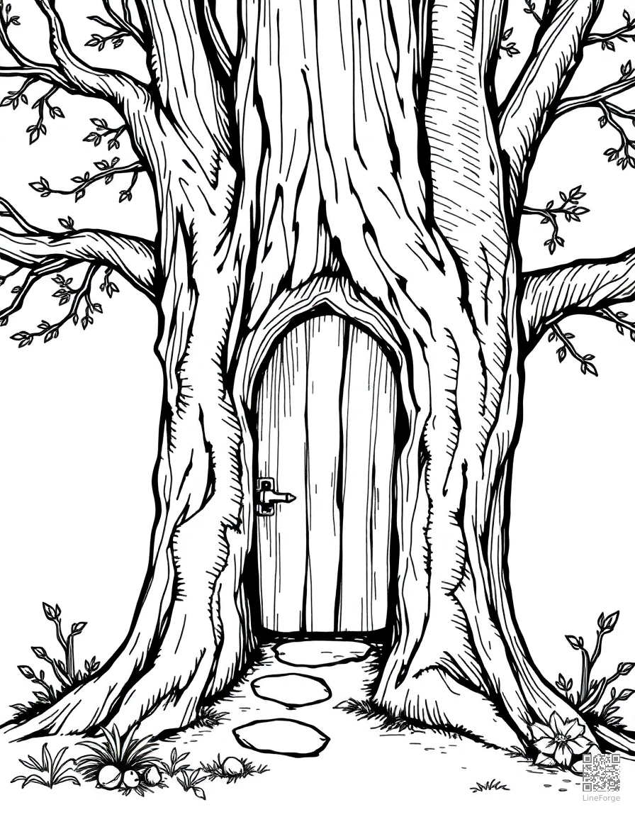fairy door at the base of a tree coloring page Crosshatch style - free printable