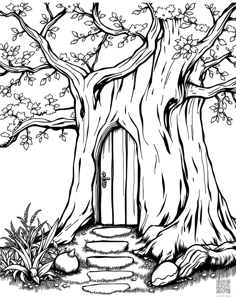 fairy door at the base of a tree coloring page Manga style - free printable