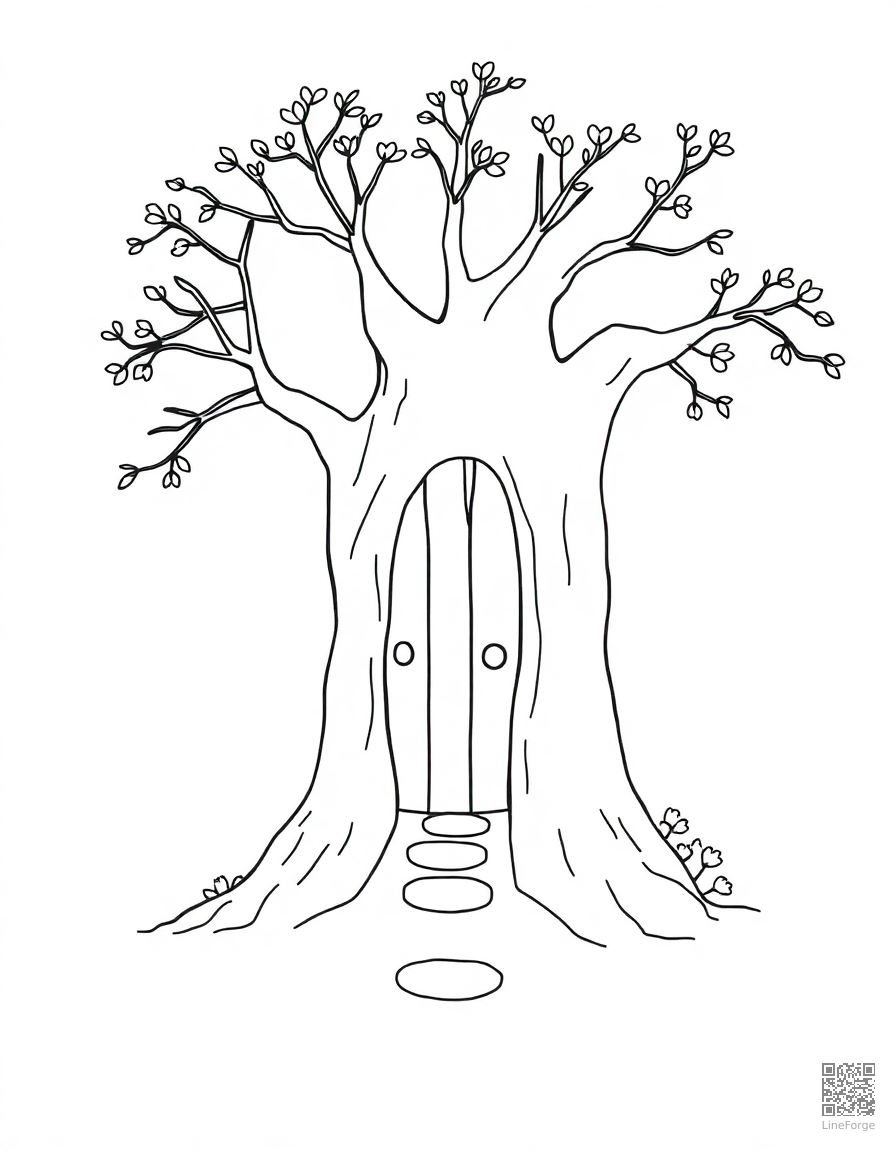 fairy door at the base of a tree coloring page Minimal style - free printable