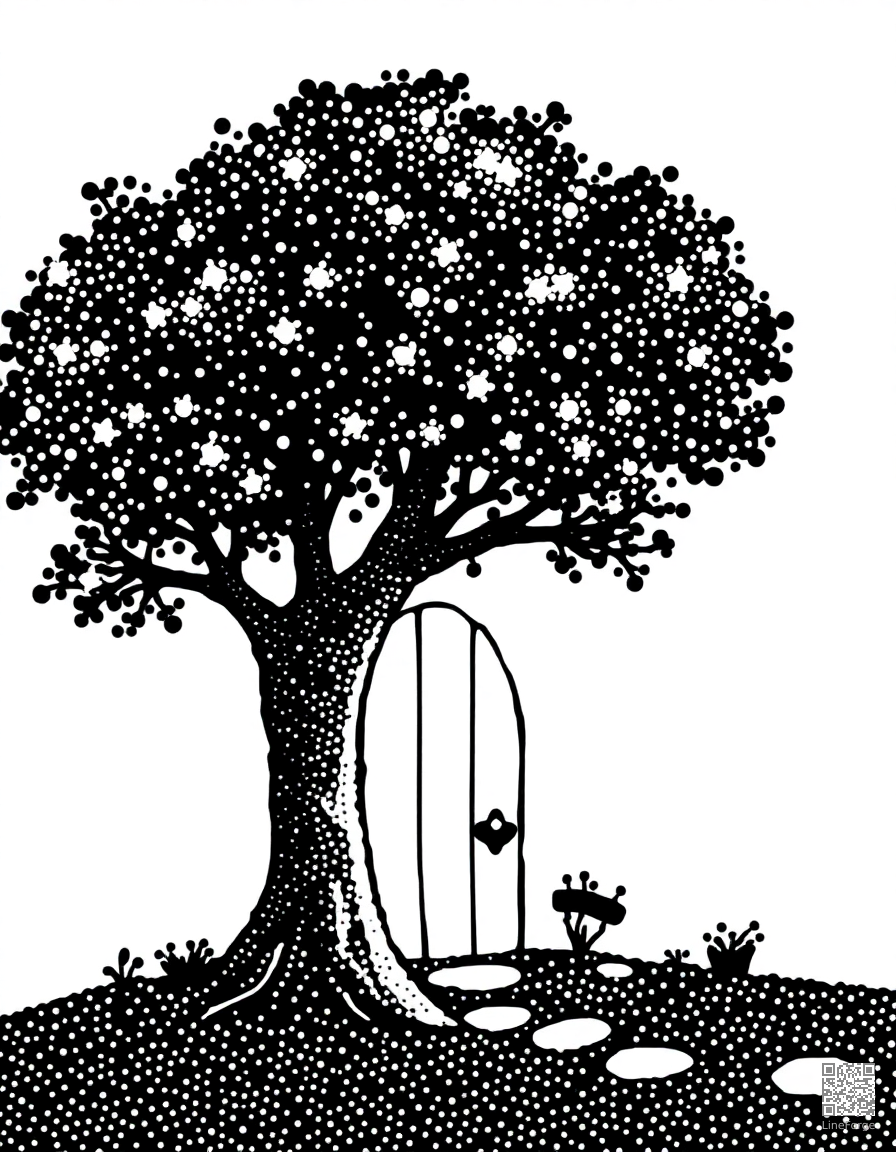 fairy door at the base of a tree coloring page Stipple style - free printable