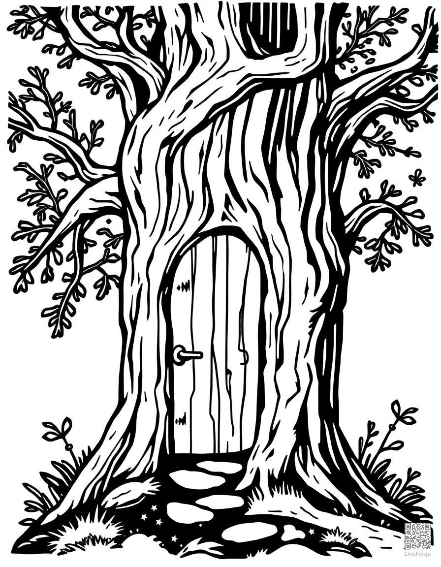fairy door at the base of a tree coloring page Woodcut style - free printable