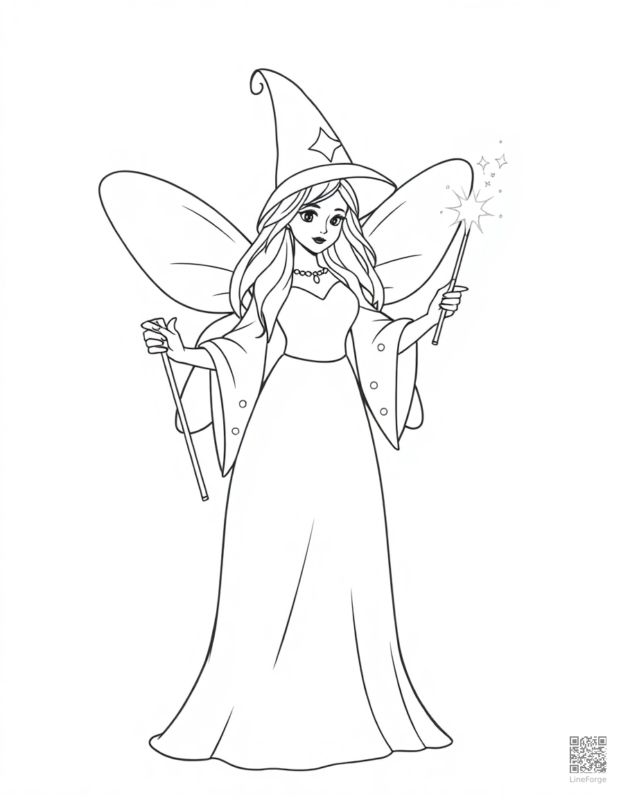 Free fairy godmother with a sparkling wand coloring page in contour style — printable line art