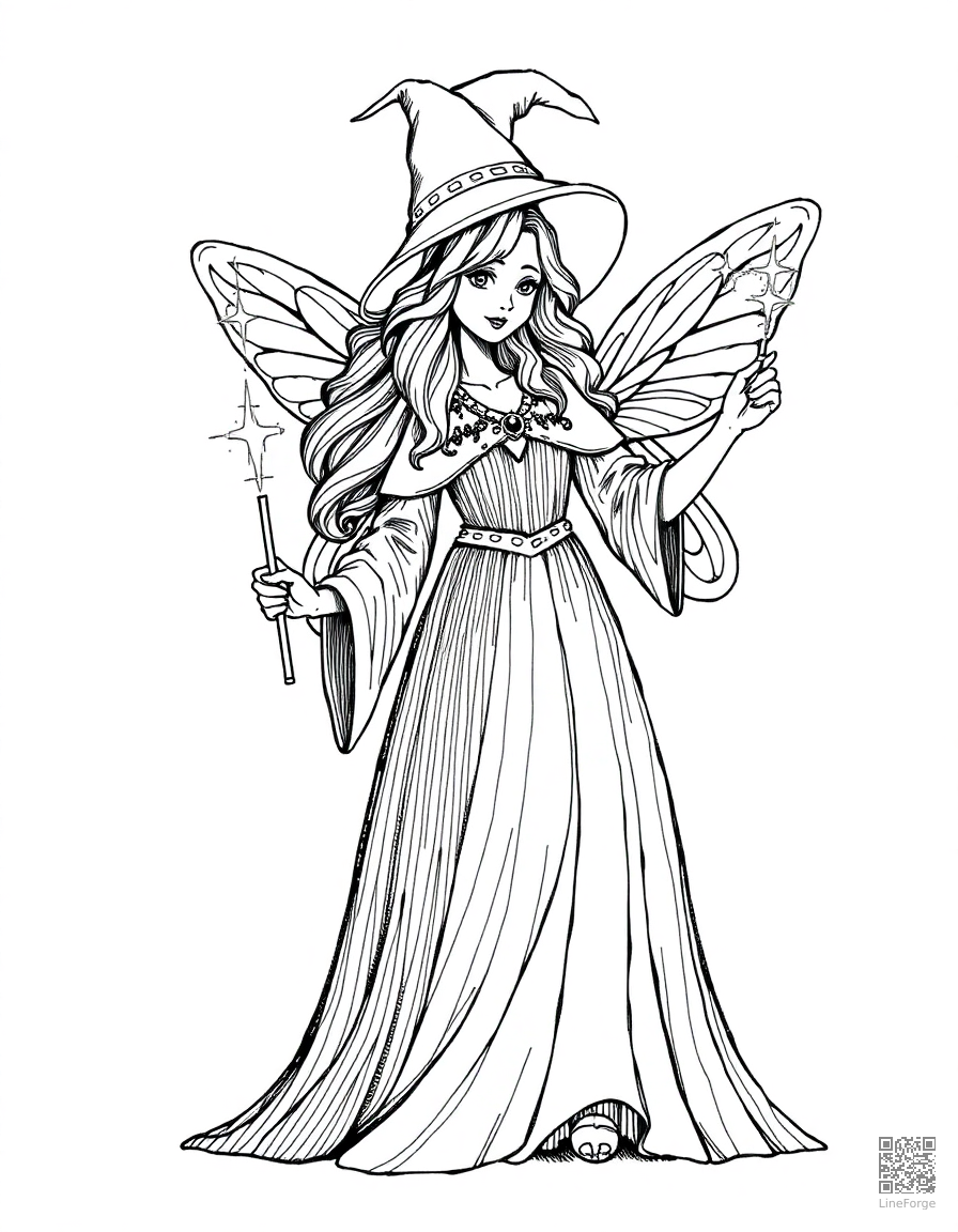 fairy godmother with a sparkling wand coloring page Crosshatch style - free printable