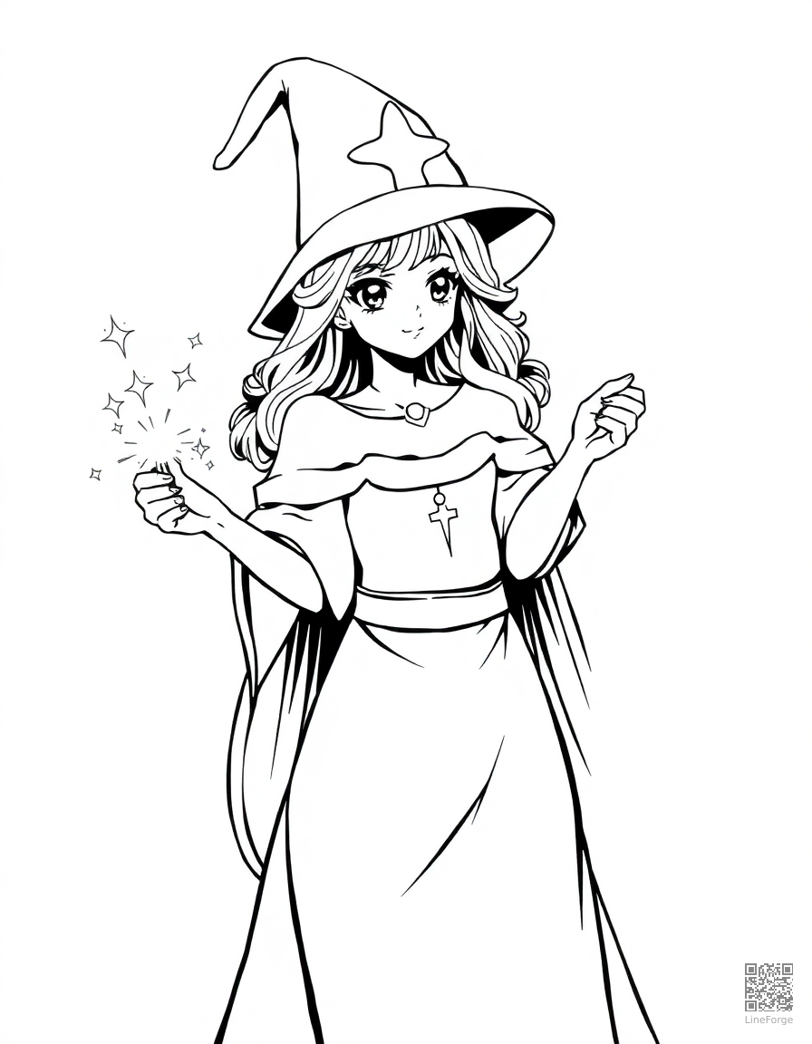 Free fairy godmother with a sparkling wand coloring page in manga style — printable line art