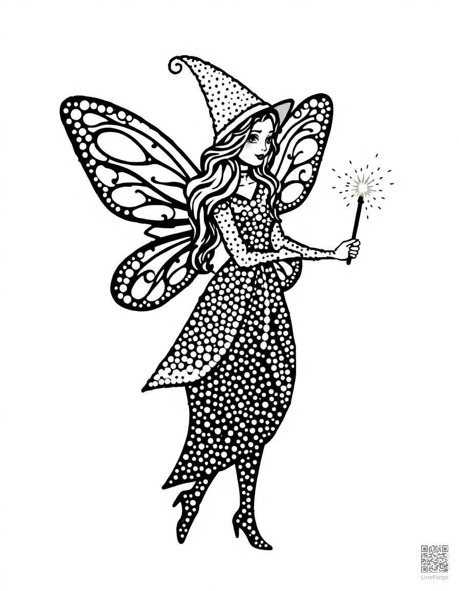 Free fairy godmother with a sparkling wand coloring page in stipple style — printable line art