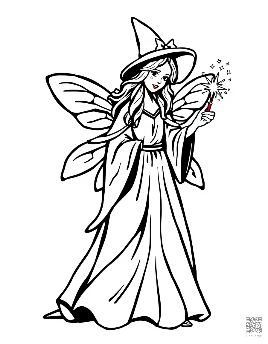 fairy godmother with a sparkling wand coloring page Woodcut style - free printable