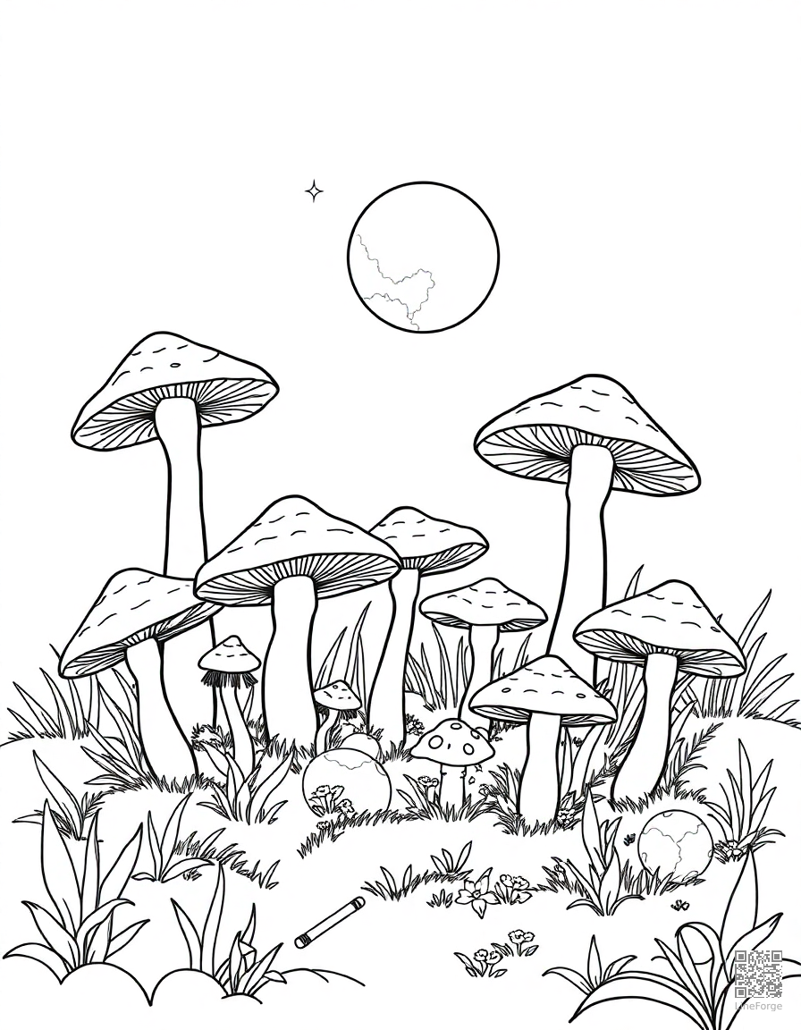 fairy ring of mushrooms in moonlight coloring page Contour style - free printable