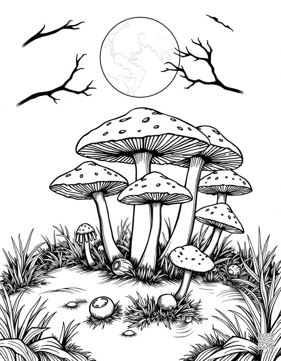 fairy ring of mushrooms in moonlight coloring page Crosshatch style - free printable