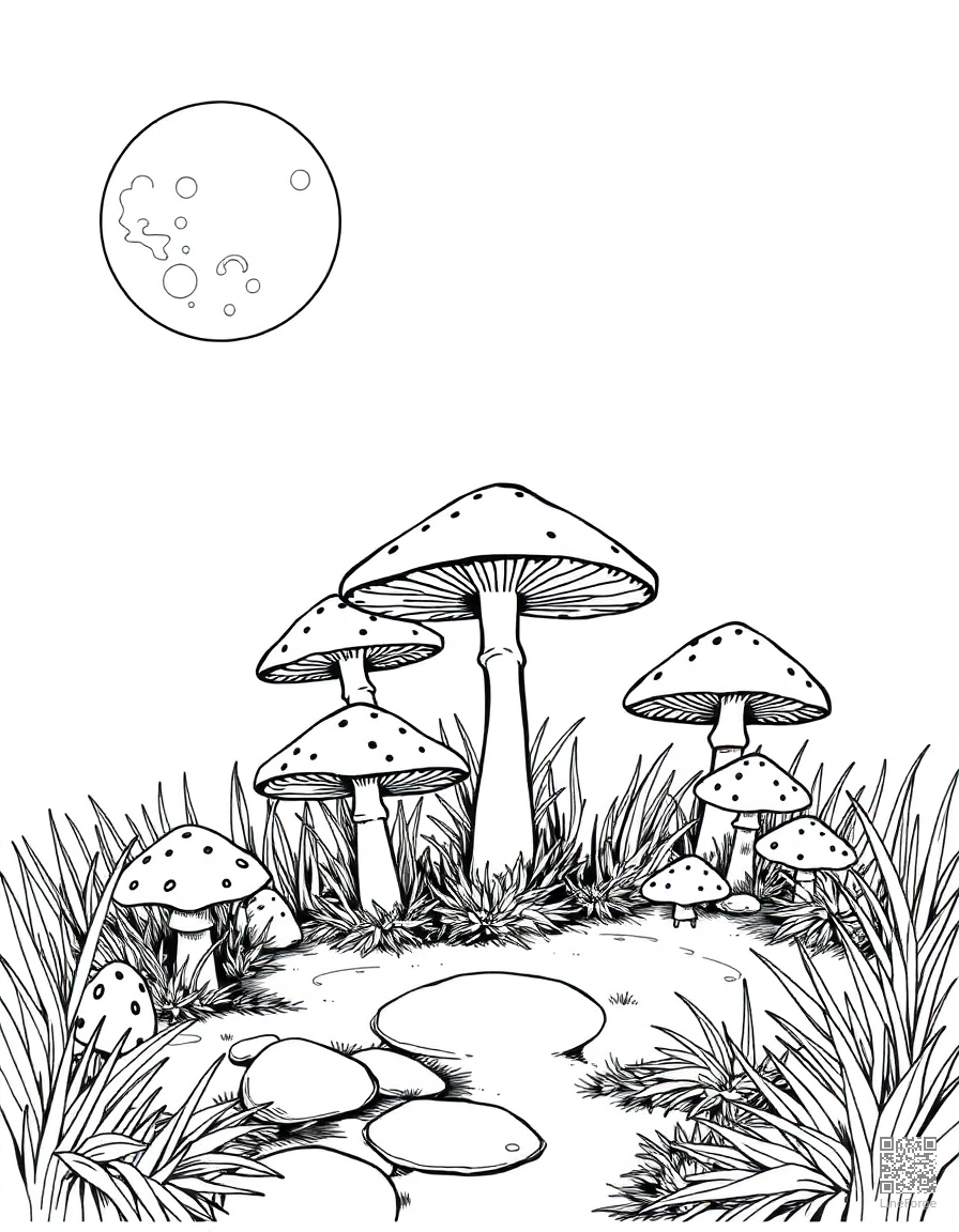 fairy ring of mushrooms in moonlight coloring page Manga style - free printable