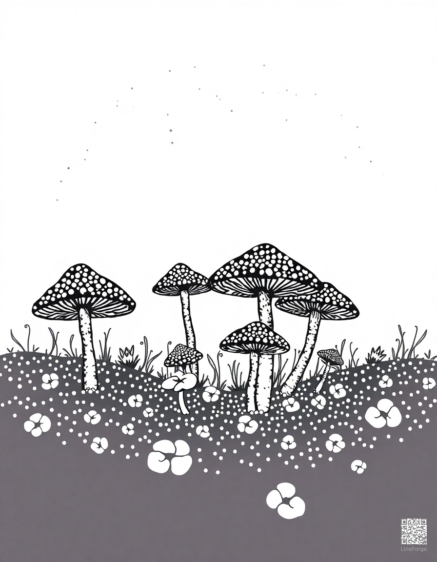 fairy ring of mushrooms in moonlight coloring page Stipple style - free printable
