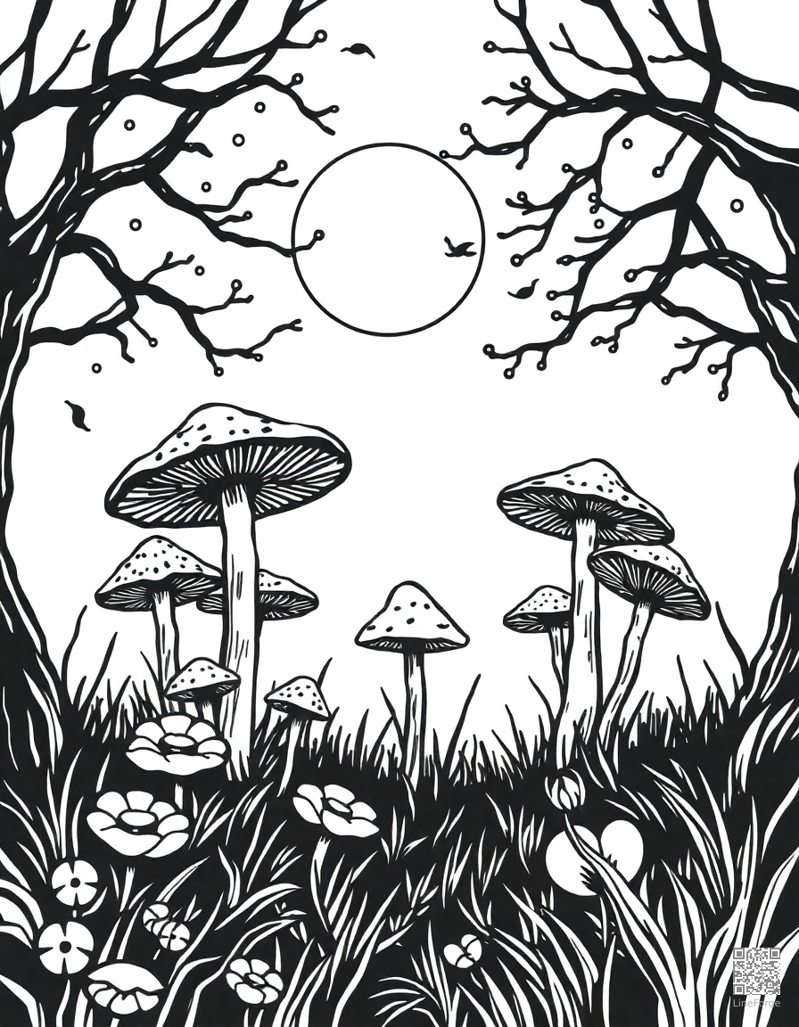 fairy ring of mushrooms in moonlight coloring page Woodcut style - free printable