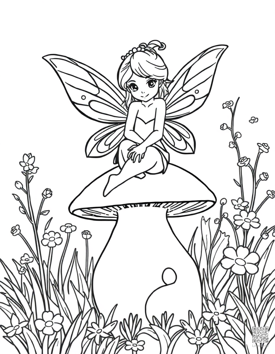 Free fairy sitting on a mushroom in a magical garden coloring page in contour style — printable line art