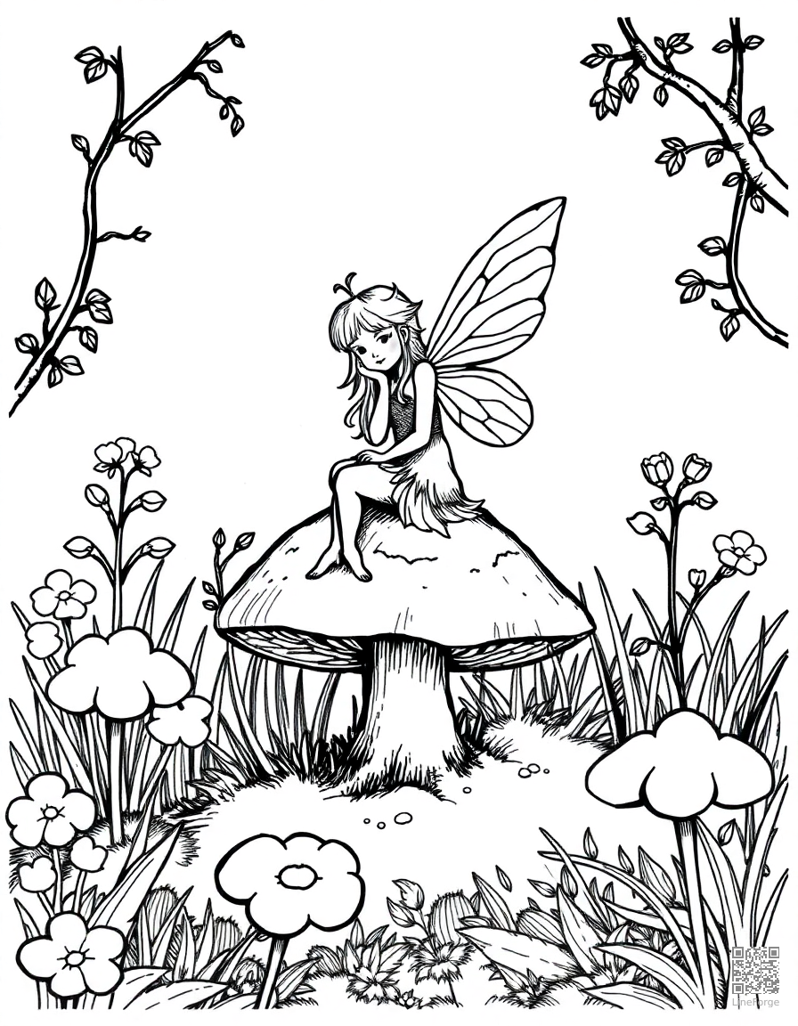 Free fairy sitting on a mushroom in a magical garden coloring page in crosshatch style — printable line art