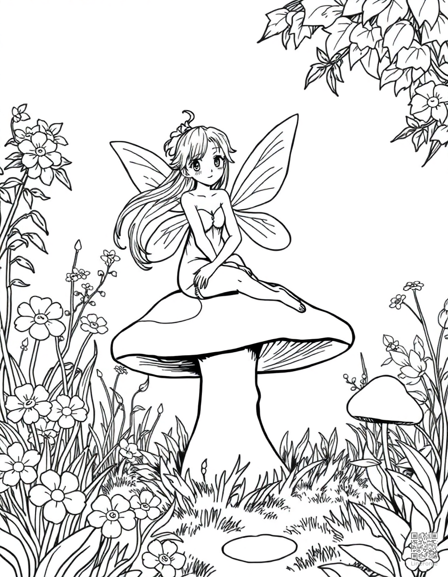 Free fairy sitting on a mushroom in a magical garden coloring page in manga style — printable line art