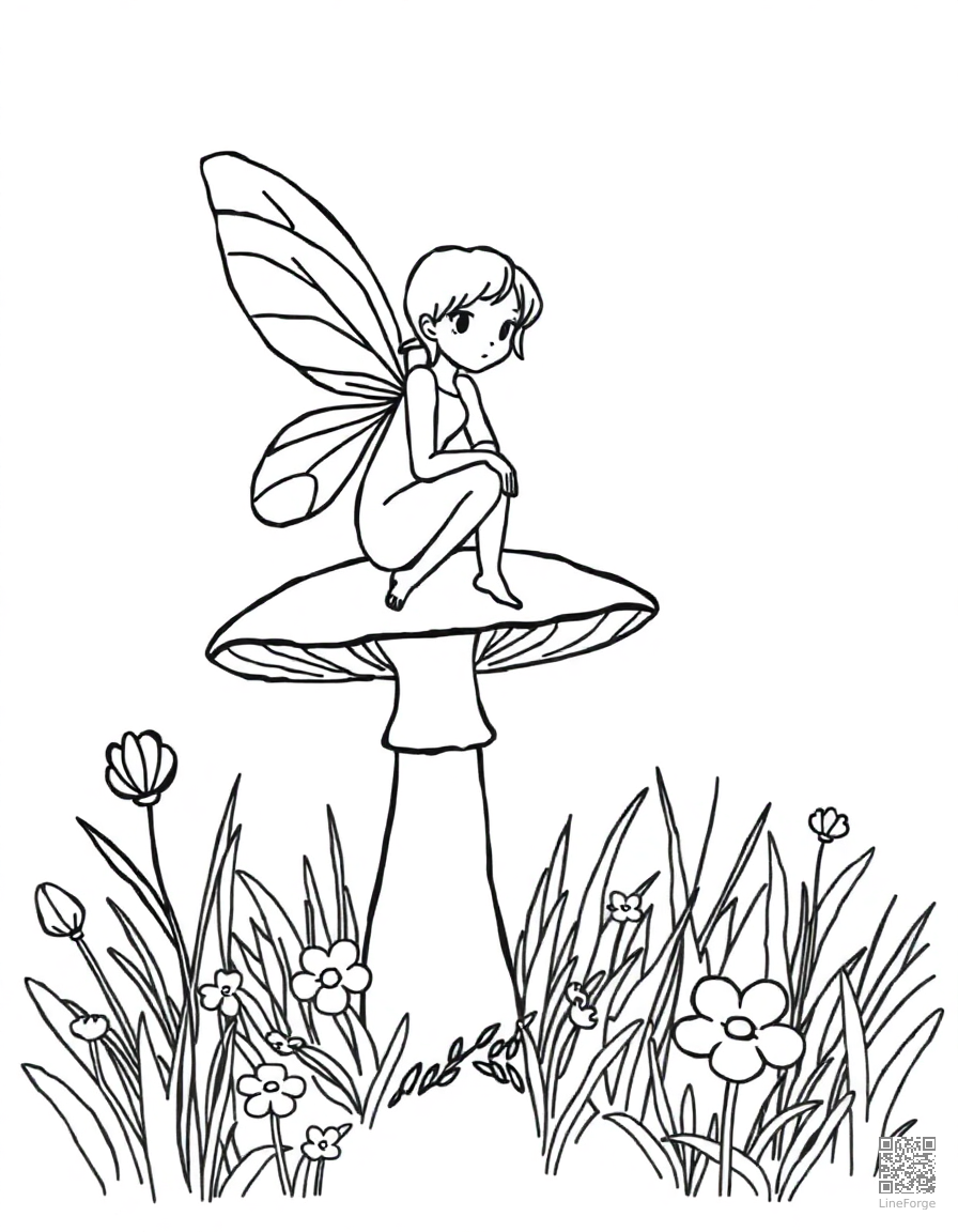 Free fairy sitting on a mushroom in a magical garden coloring page in minimal style — printable line art