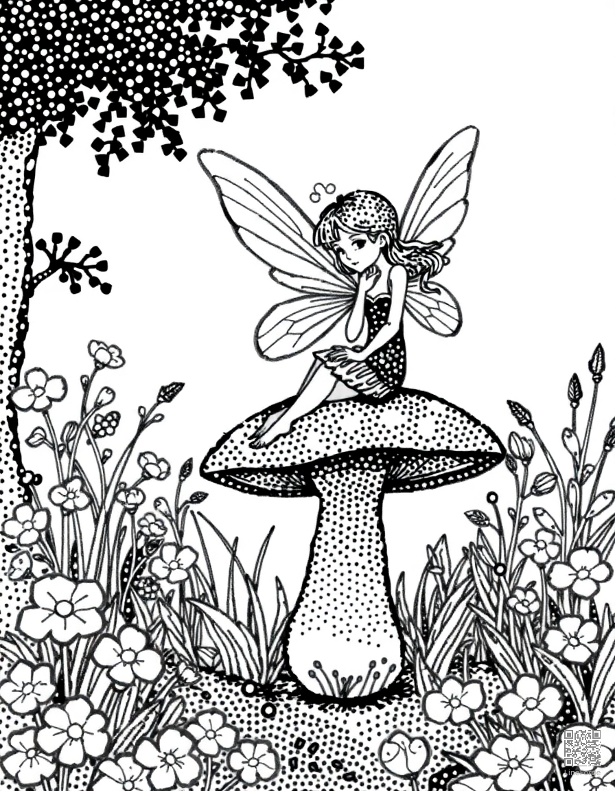 Free fairy sitting on a mushroom in a magical garden coloring page in stipple style — printable line art