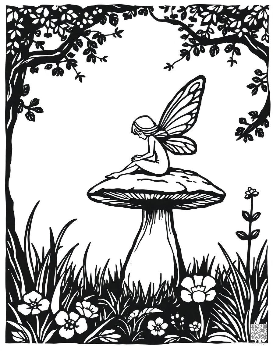 Free fairy sitting on a mushroom in a magical garden coloring page in woodcut style — printable line art