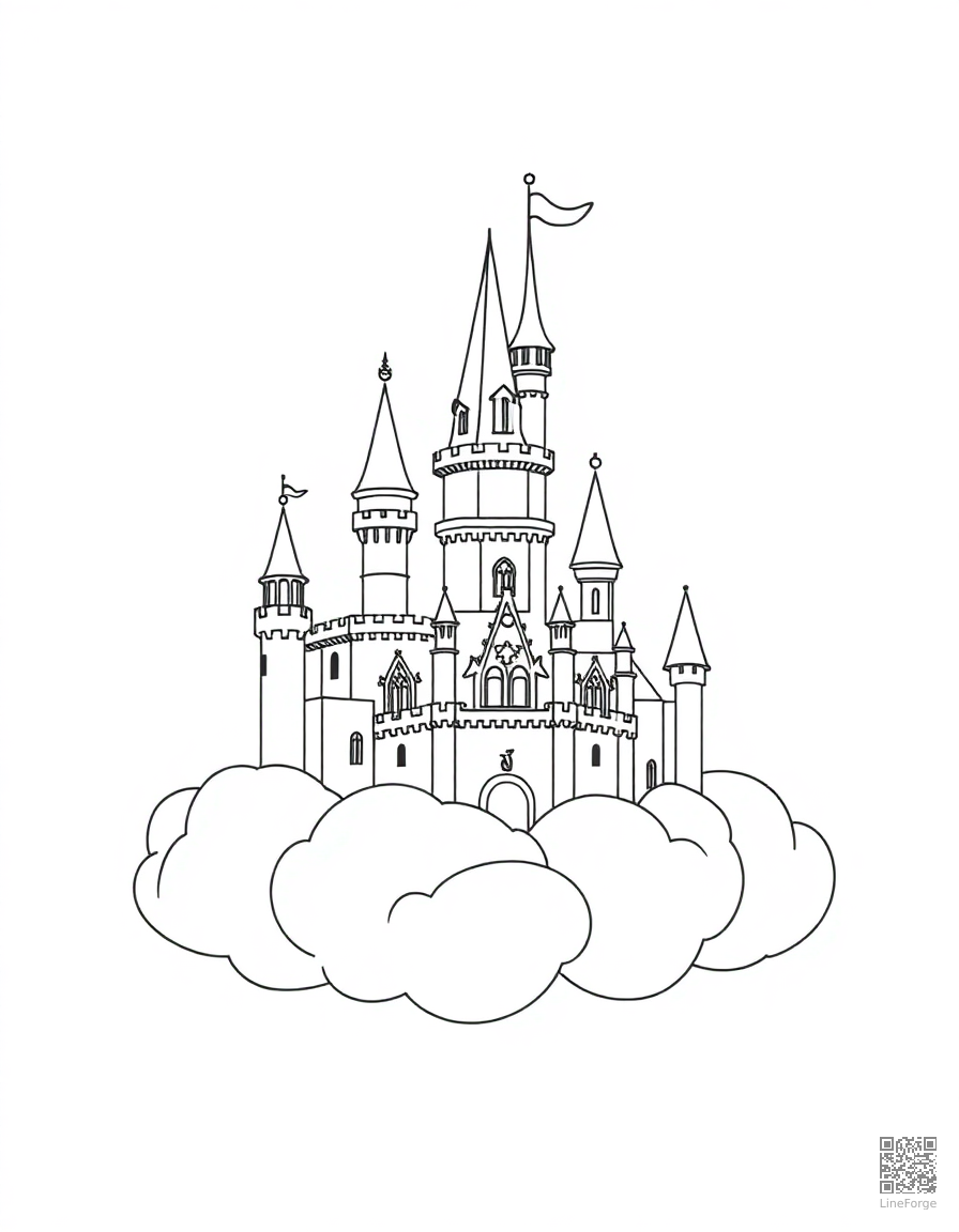 fairy tale castle on a cloud coloring page Contour style - free printable