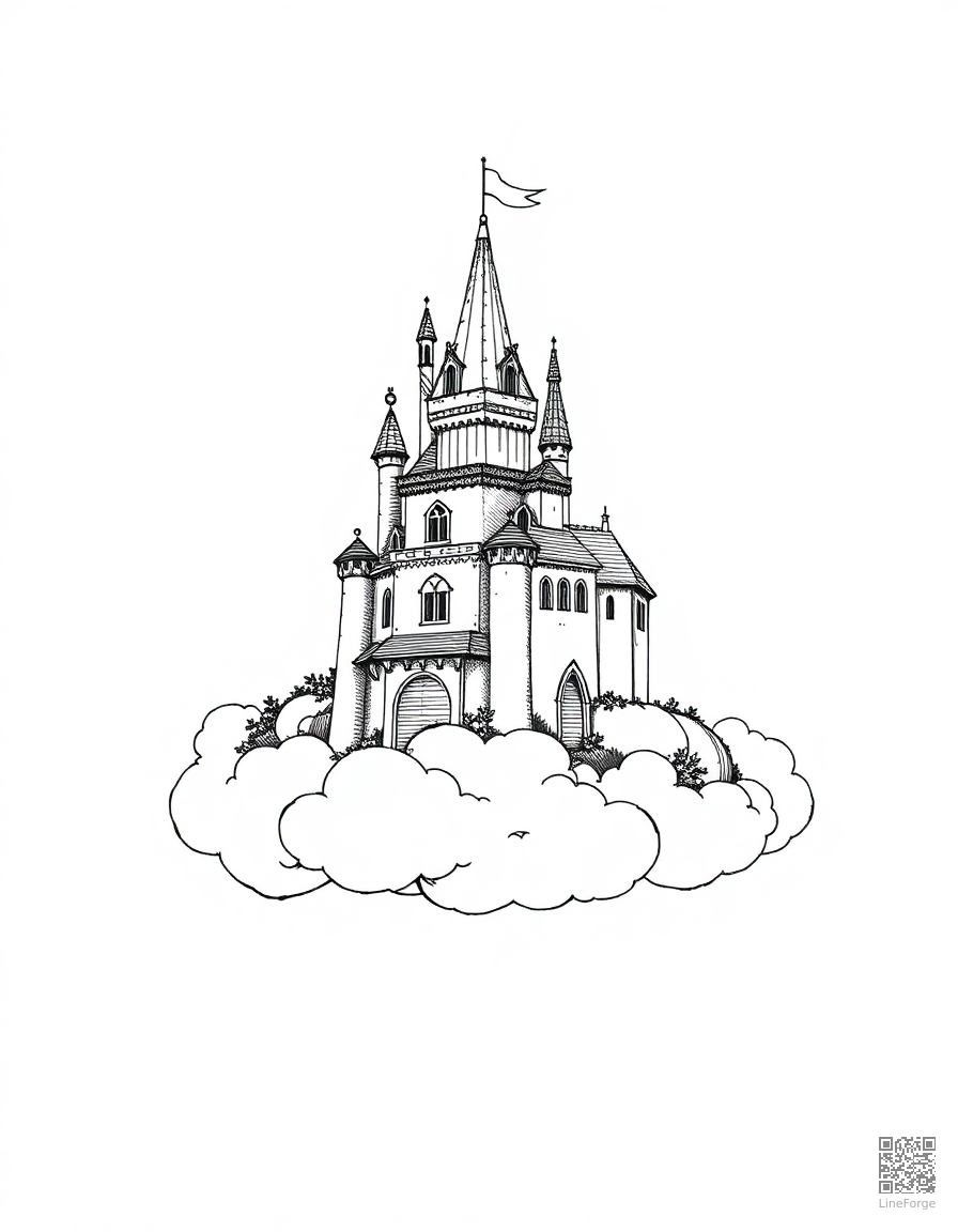 fairy tale castle on a cloud coloring page Crosshatch style - free printable