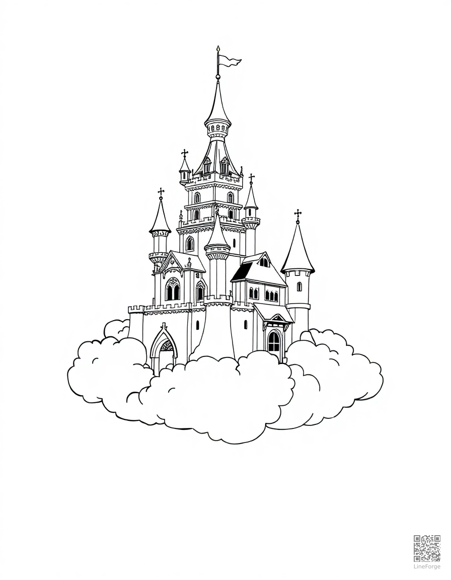fairy tale castle on a cloud coloring page Manga style - free printable