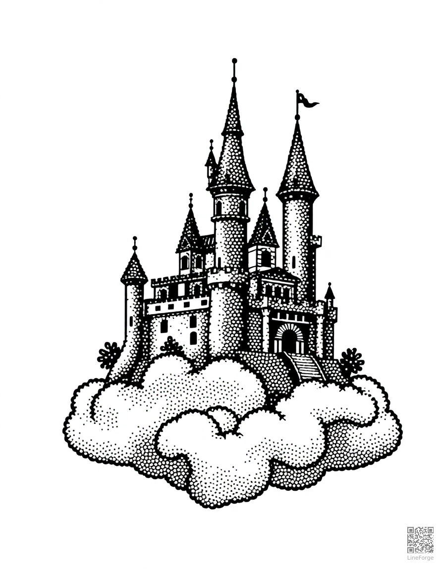 fairy tale castle on a cloud coloring page Stipple style - free printable