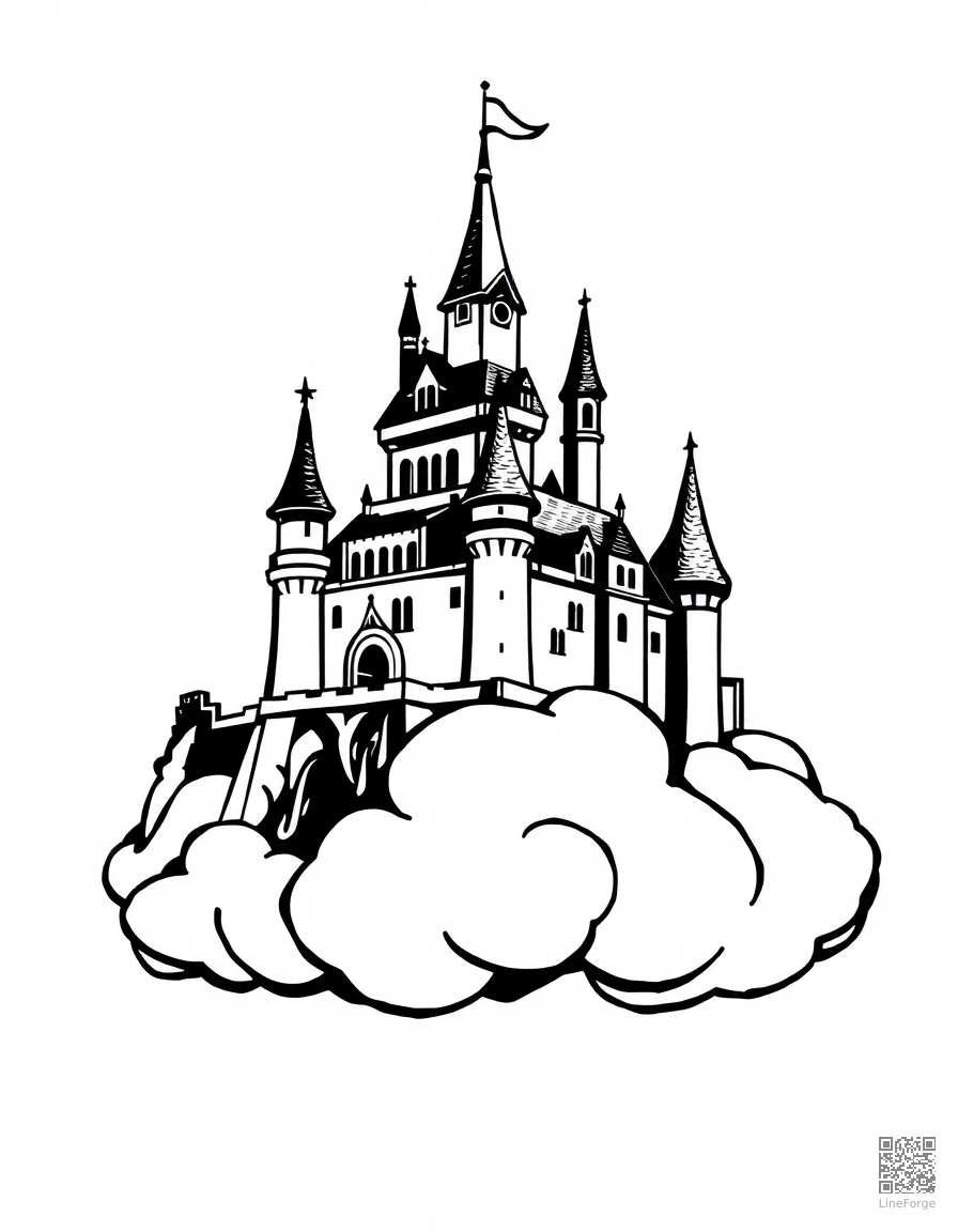 fairy tale castle on a cloud coloring page Woodcut style - free printable