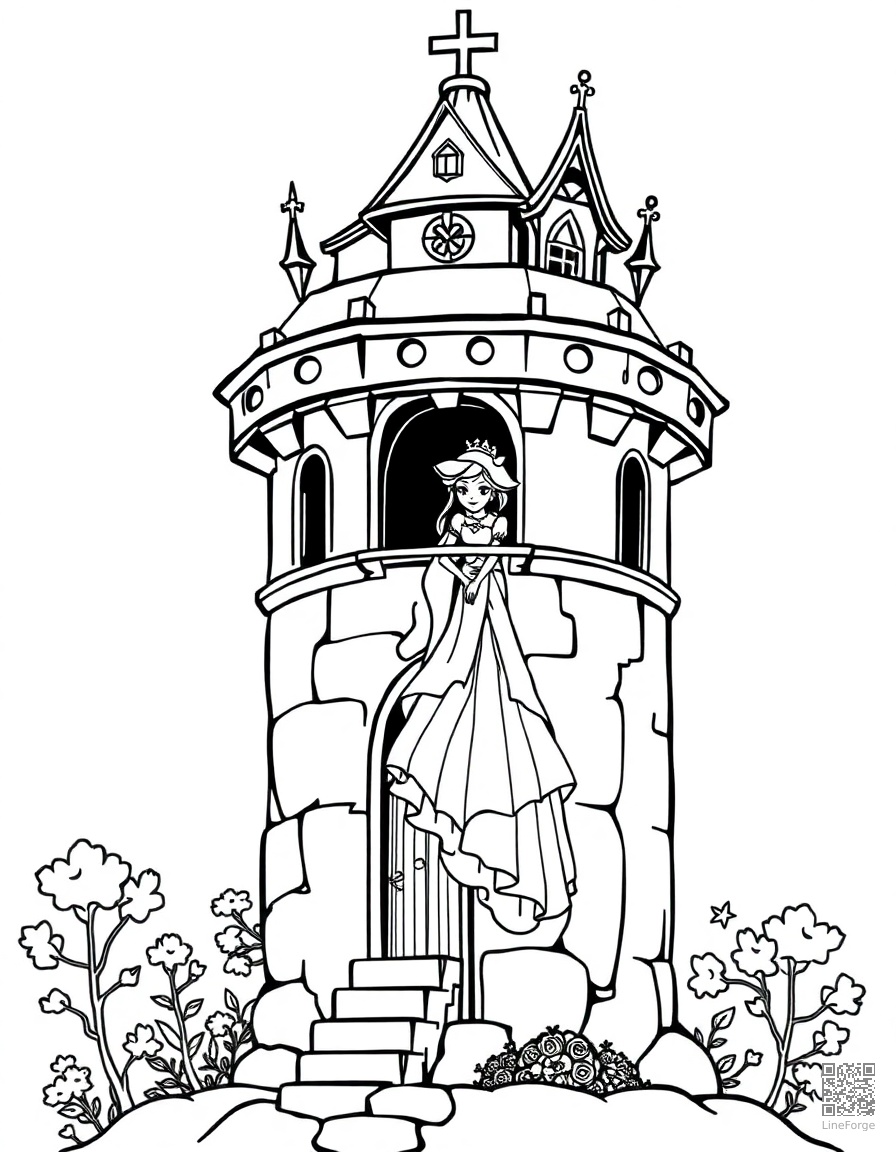 fairy tale princess in a tower coloring page Contour style - free printable