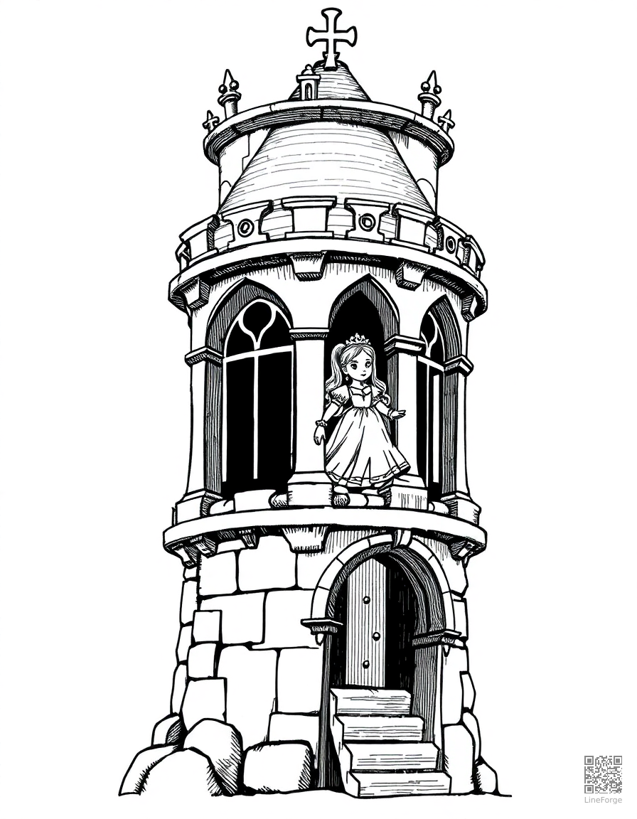 fairy tale princess in a tower coloring page Crosshatch style - free printable