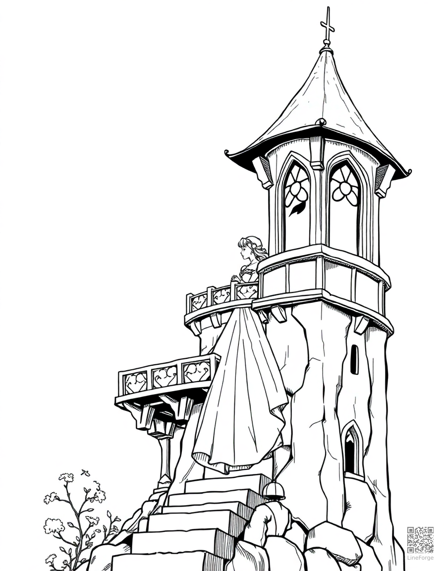 fairy tale princess in a tower coloring page Manga style - free printable