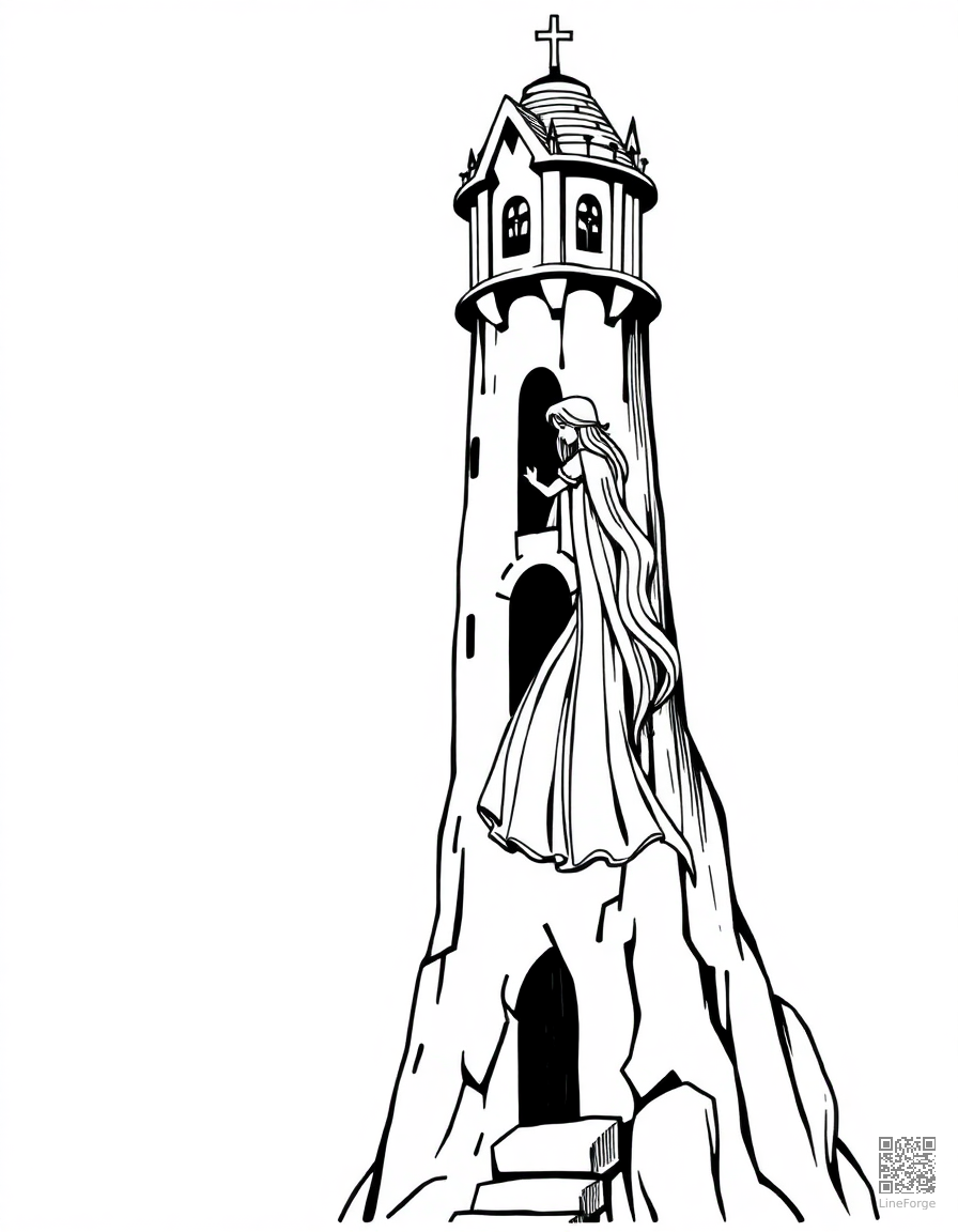 fairy tale princess in a tower coloring page Woodcut style - free printable