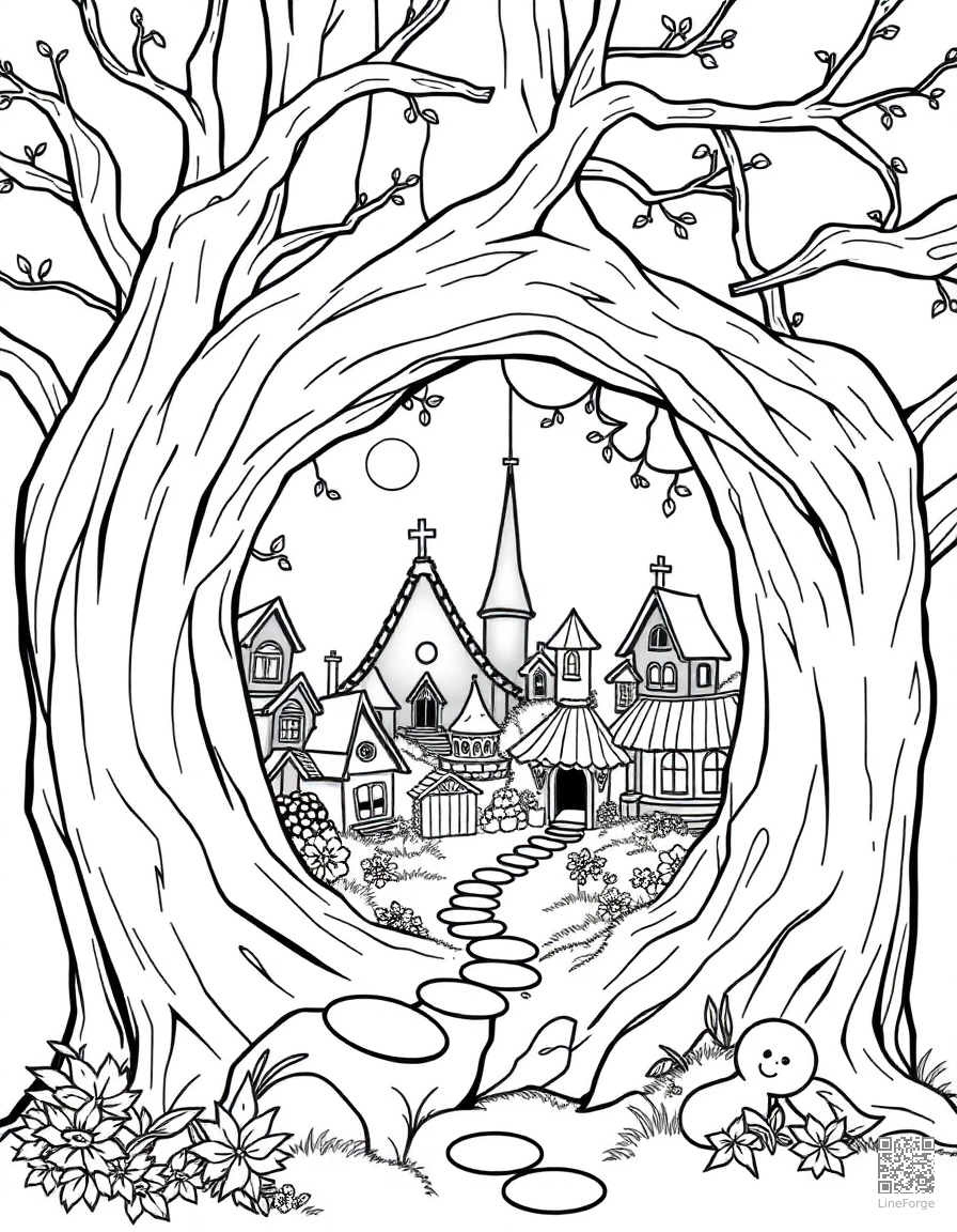Free fairy village inside a hollow tree coloring page in contour style — printable line art