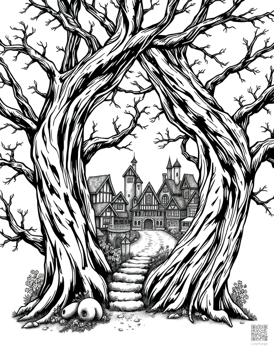 fairy village inside a hollow tree coloring page Crosshatch style - free printable