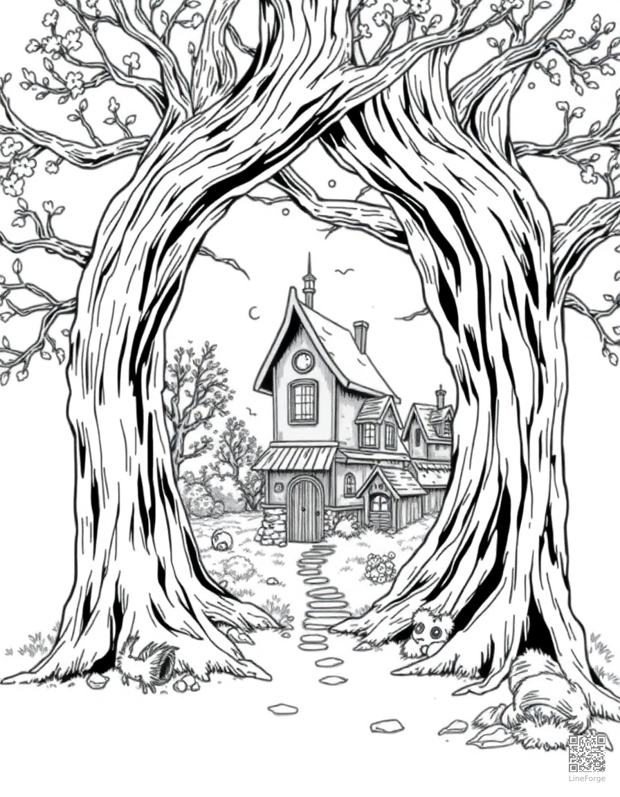 Free fairy village inside a hollow tree coloring page in manga style — printable line art