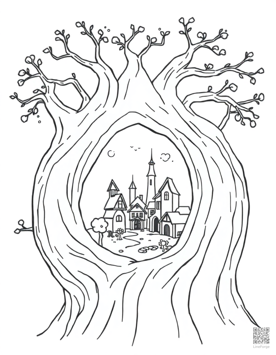 fairy village inside a hollow tree coloring page Minimal style - free printable