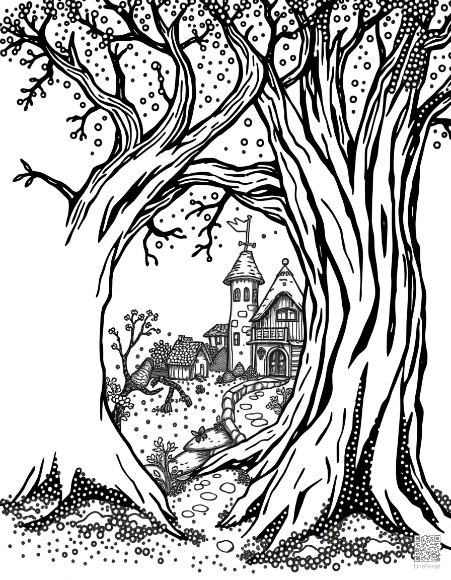 Free fairy village inside a hollow tree coloring page in stipple style — printable line art