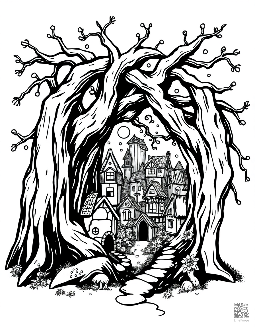 fairy village inside a hollow tree coloring page Woodcut style - free printable