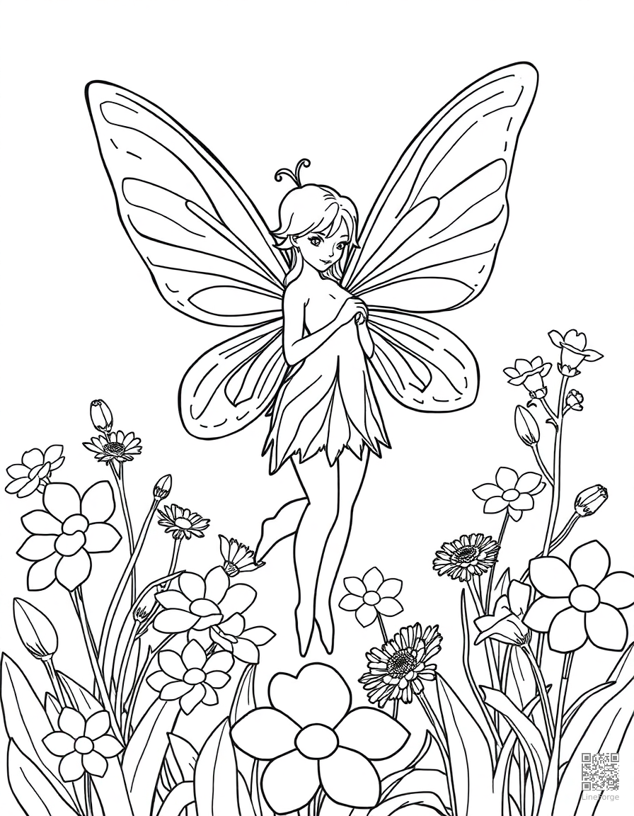 Fairy with delicate wings in a flower garden coloring page Contour style - free printable