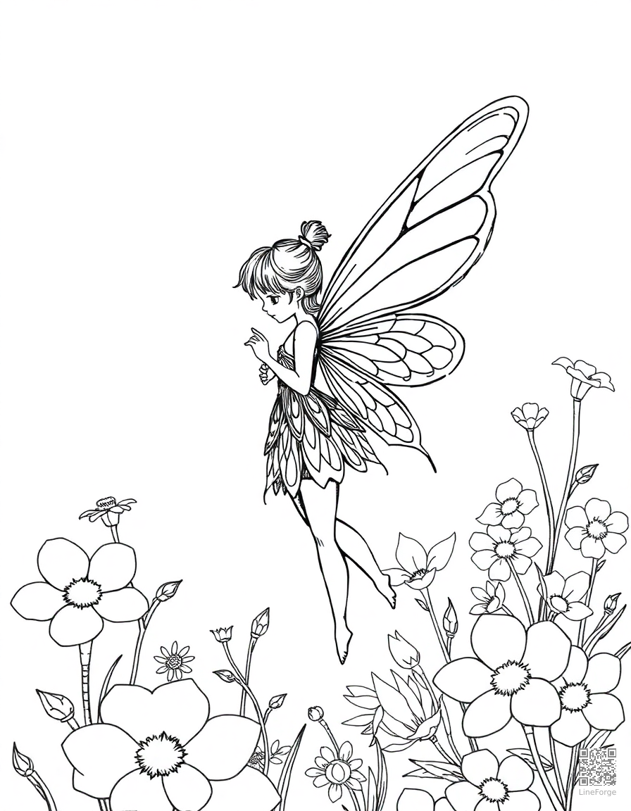 Fairy with delicate wings in a flower garden coloring page Crosshatch style - free printable