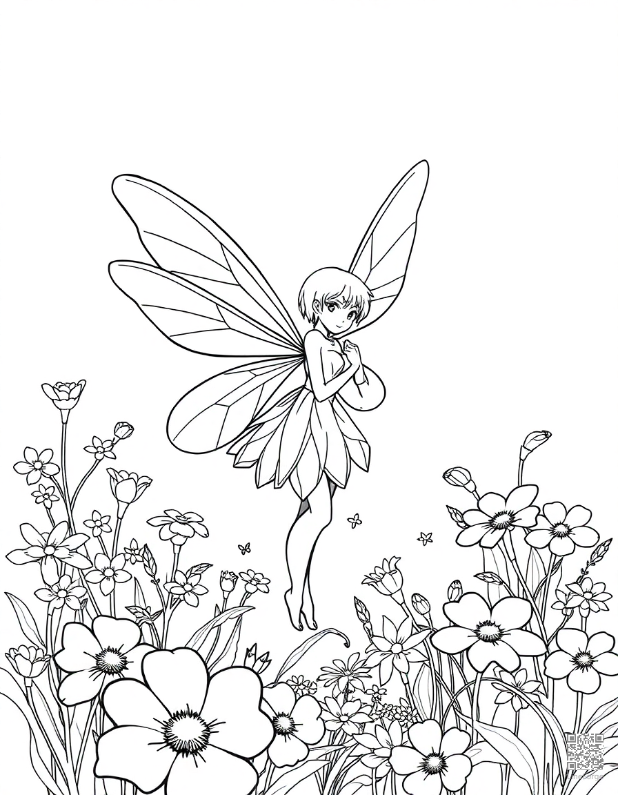 Fairy with delicate wings in a flower garden coloring page Manga style - free printable