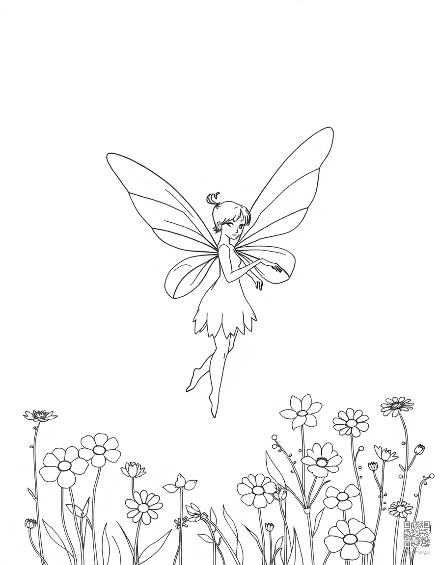 Fairy with delicate wings in a flower garden coloring page Minimal style - free printable