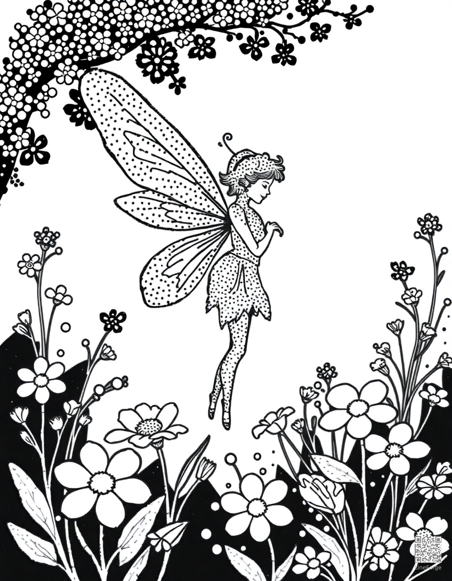 Fairy with delicate wings in a flower garden coloring page Stipple style - free printable