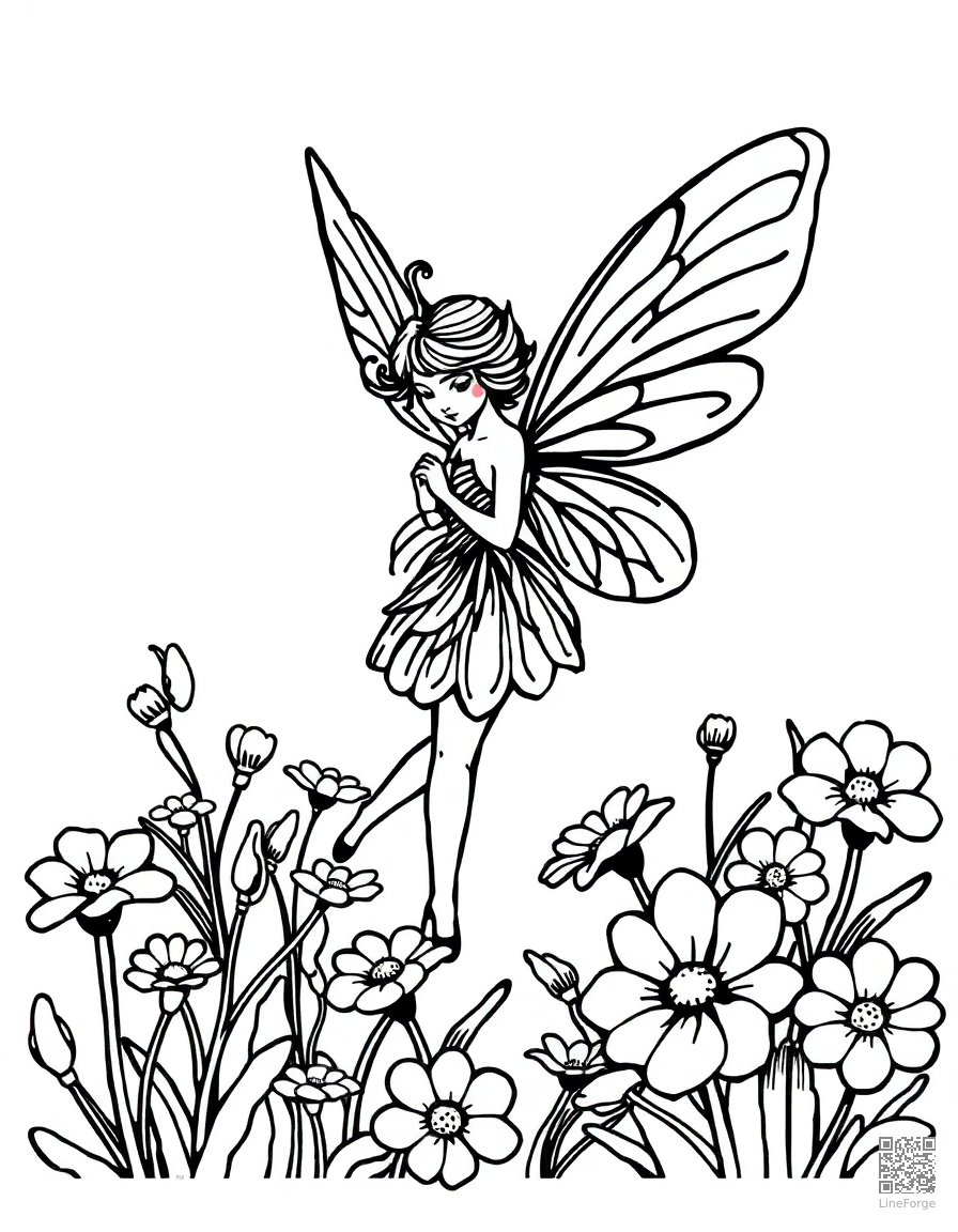Fairy with delicate wings in a flower garden coloring page Woodcut style - free printable