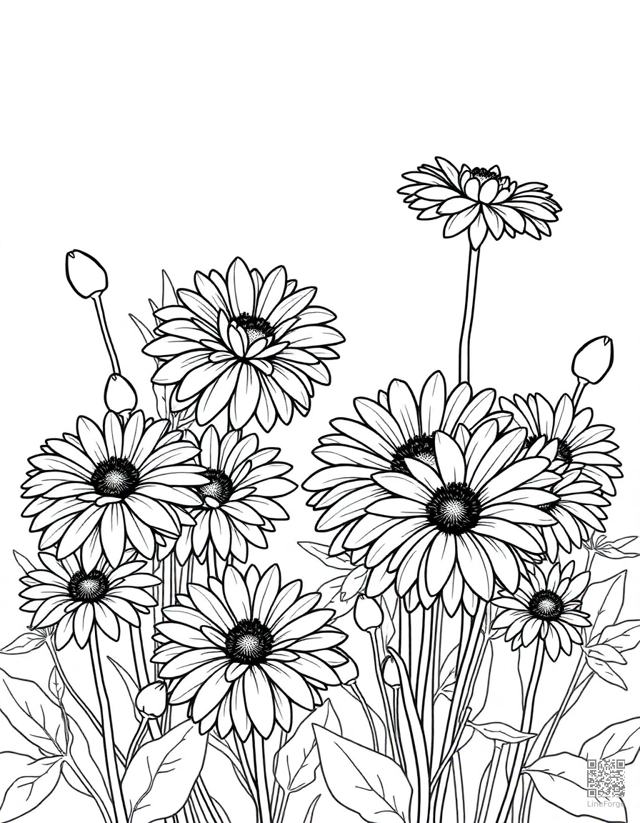 fall garden with chrysanthemums coloring page Contour style - free printable