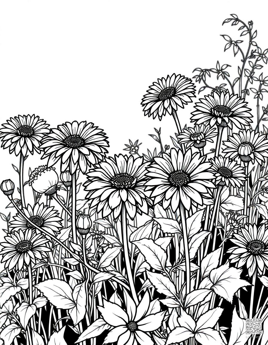 fall garden with chrysanthemums coloring page Crosshatch style - free printable